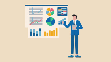 Man presenting data on a board with charts, graphs and bars in a business setting environment scene