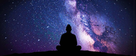 A mystical night sky with stars forming a guru’s silhouette, blended with deep blue and purple shades.