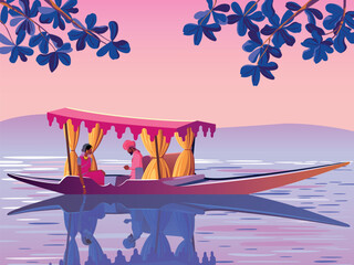 Fantasy sunrise landscape with loving couple in traditional Indian outfits in luxury boat on water ride against lake and mountains background. Handmade drawing vector illustration.