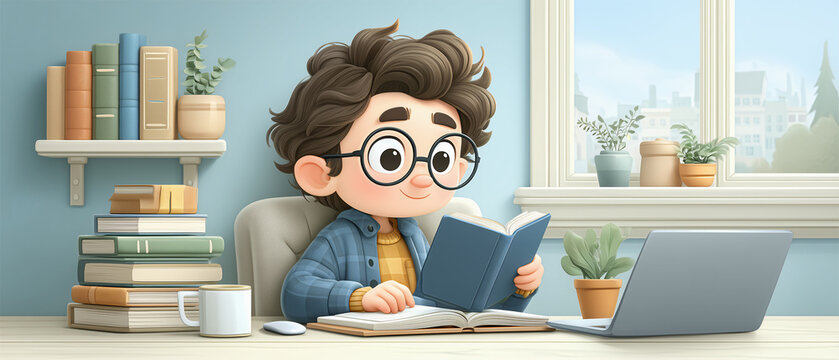 Bookworm's Study Haven: An illustration of a young, bespectacled student engrossed in a book. Books, a laptop, and a mug complete the cozy scene of learning and discovery.
