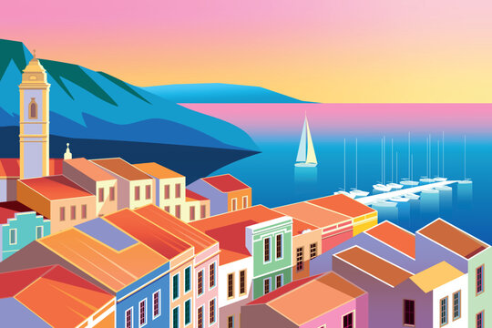 Mediterranean romantic summer season landscape. Handmade drawing vector illustration. Can be used for posters, banners, postcards, books etc.