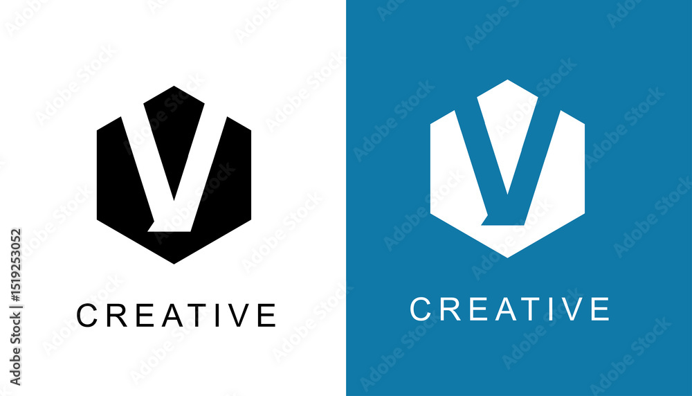 Poster the v letter logo design concept, featuring a hexagonal shape with the letter 