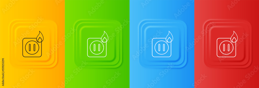 Poster white electric wiring of socket in fire icon isolated on colorful background. electrical safety conc