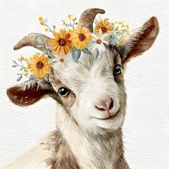 A charming watercolor portrait of a young goat with tiny horns adorned with a vibrant floral crown that enhances its natural beauty and endearing spirit