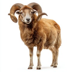 Full body shot of a brown ram with large curved horns standing on a white background in studio light