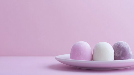 A traditional Japanese mochi trio with different colors placed neatly on a white plate against a solid soft lavender background smooth 