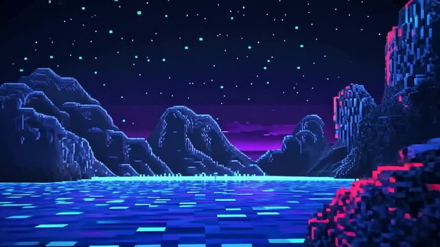 Pixelated night landscape with mountains and water