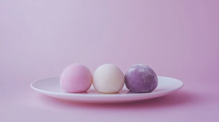 A traditional Japanese mochi trio with different colors placed neatly on a white plate against a solid soft lavender background smooth 