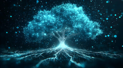 Glowing Digital Tree With Illuminated Roots