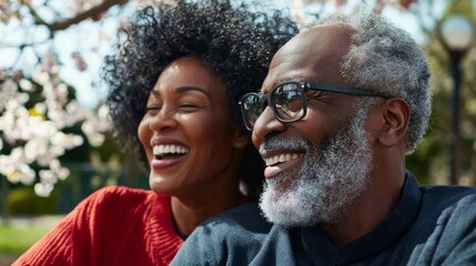 "Two people smiling near a tree in springtime."