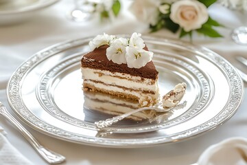Opulent tiramisu served on a pristine silver plate with delicate floral garnishing, styled with high-end hotel presentation