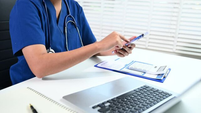 Medicine doctor hand working with modern digital tablet computer interface as medical network concept