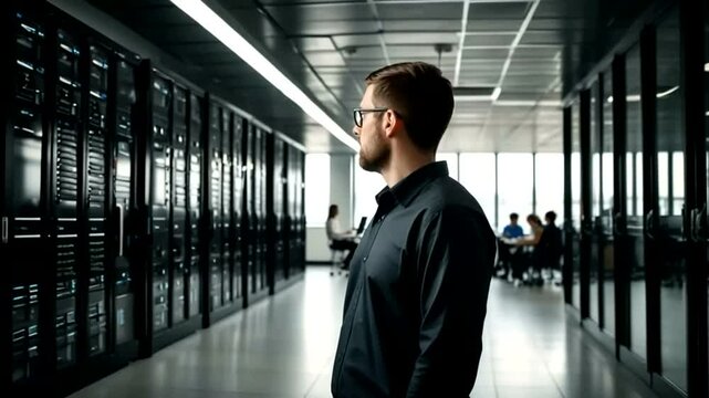IT professional in server room, looking ahead.  Inside a modern data center, a man in a dark shirt stands, observing the rows of servers