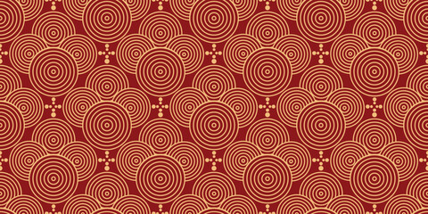 Happy Chinese new year pattern seamless vector. Wallpaper with gold chinese coin pattern on red background. Modern luxury oriental illustration for cover, banner, website, decor.