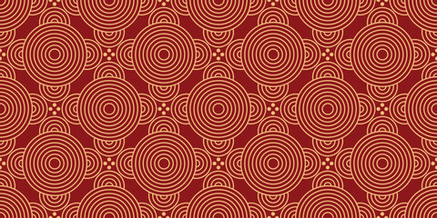 Happy Chinese new year pattern seamless vector. Wallpaper with gold chinese coin pattern on red background. Modern luxury oriental illustration for cover, banner, website, decor.