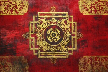 Tibetan Symbols: Golden and Auspicious Red Artistry on Tibetan Background