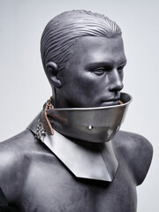 A sleek, modern interpretation of medieval armor, showcasing a polished steel gorget with a wide,...