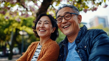 A photograph of two elderly people smiling at the camera, captured outdoors during the day under a cherry blossom tree with pink blossoms, suggesting a pleasant spring or early summer day.