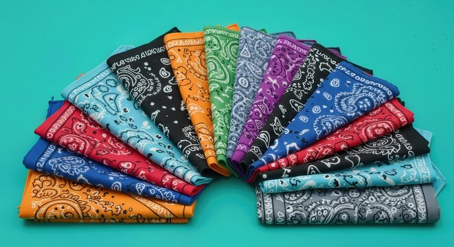 Vibrant Multicolor Paisley Bandana Collection Arranged in Fan Shape on Turquoise Background, Classic Cotton Kerchiefs in Assorted Colors for Fashion, Crafts, and Western Decor