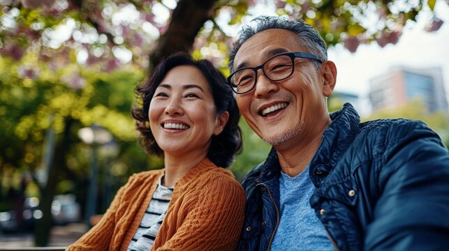 A photograph of two elderly people smiling at the camera, captured outdoors during the day under a cherry blossom tree with pink blossoms, suggesting a pleasant spring or early summer day.