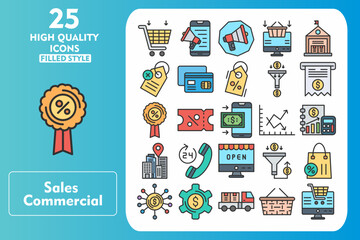 Sales Commercial Line Filled Icon Set. Incleded Icons Shopping Cart, Coupon, Sales Pipeline, Discount Bag, Sales Enablement, Sales Enablement. Vector Icons Collection