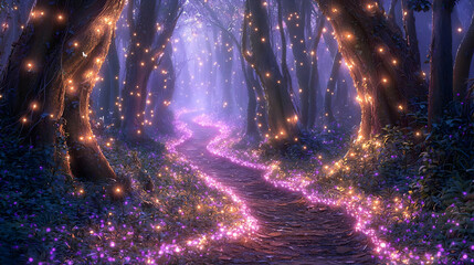 Naklejka premium Magical Glowing Path In Enchanted Forest At Night