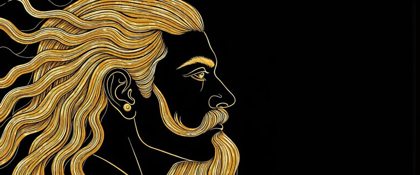 A bold geometric grid forming a guru’s profile, in black and gold.