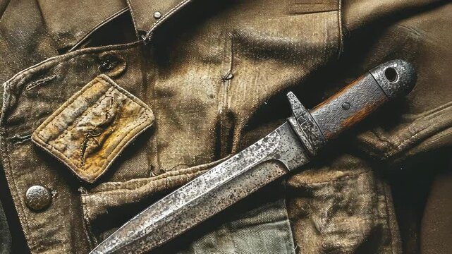 A rustic knife resting on a weathered military jacket.