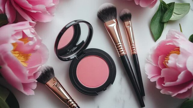 Pink blush in a round compact with mirror, surrounded by brushes and pink peony flowers on marble.