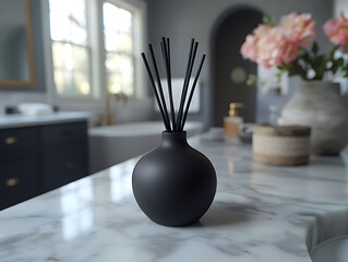 Sophisticated black reed diffuser in a matte, round vase sits on a marble surface.  Modern bathroom interior subtly blurred in the background enhances the feeling of calm  serenity.