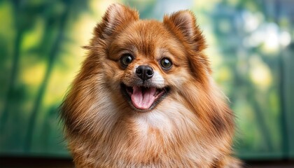 Cheerful Pomeranian Dog Sitting and Smiling Happily with a Friendly Playful Expression on Its Face Captivating Portrait of Joy Amidst a Vibrant Spring Backdrop.