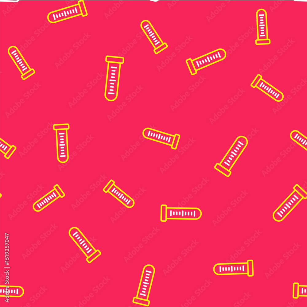 Poster line test tube and flask chemical laboratory test icon isolated seamless pattern on red background. 