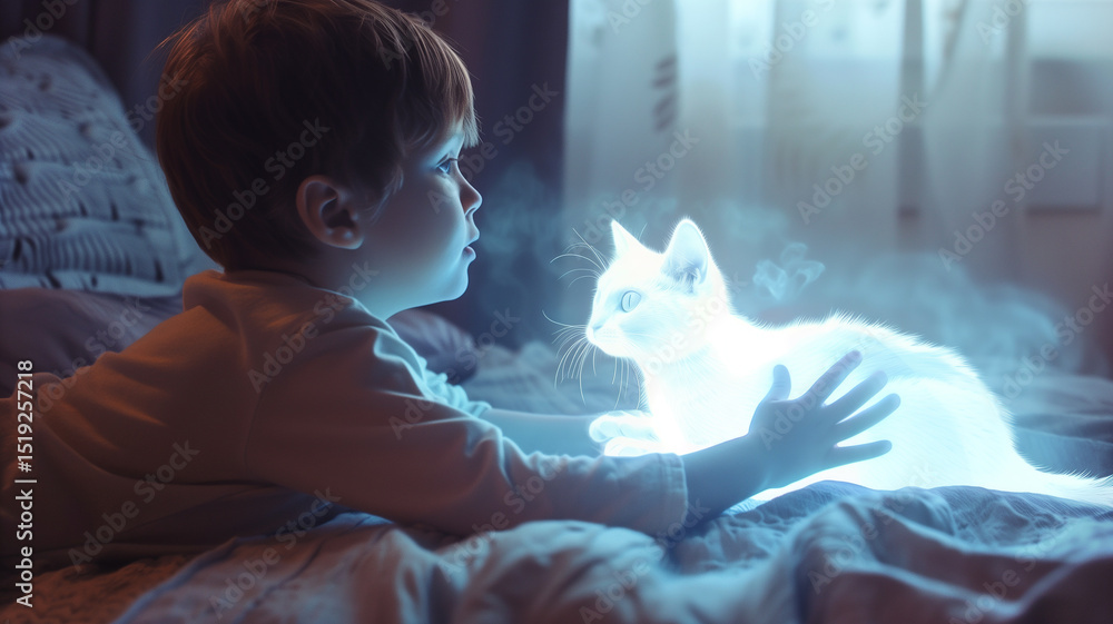 Poster this child plays with a glowing cat hologram in a softly lit bedroom, creating magic.