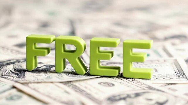 Green free word floating over blurred US dollar banknotes, symbolizing zero cost financial opportunity and economic concept