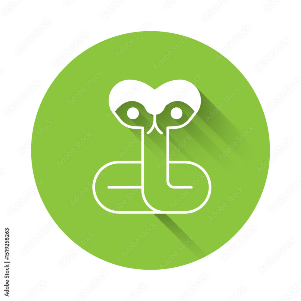 Poster white snake icon isolated with long shadow background. green circle button. vector