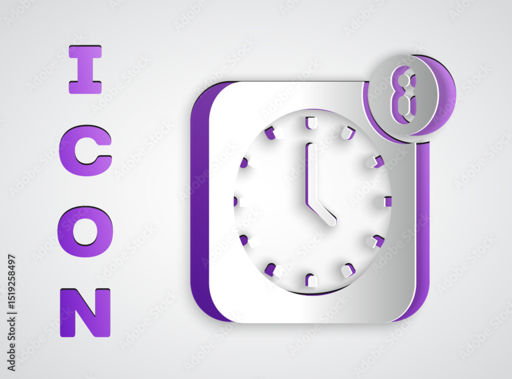 Poster paper cut alarm clock app smartphone interface icon isolated on grey background. paper art style. ve