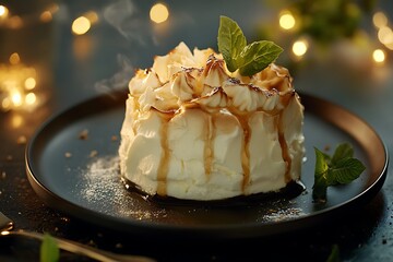 Stylish baked Alaska with caramelized top, served on a luxurious dark plate with ambient light highlighting the texture 