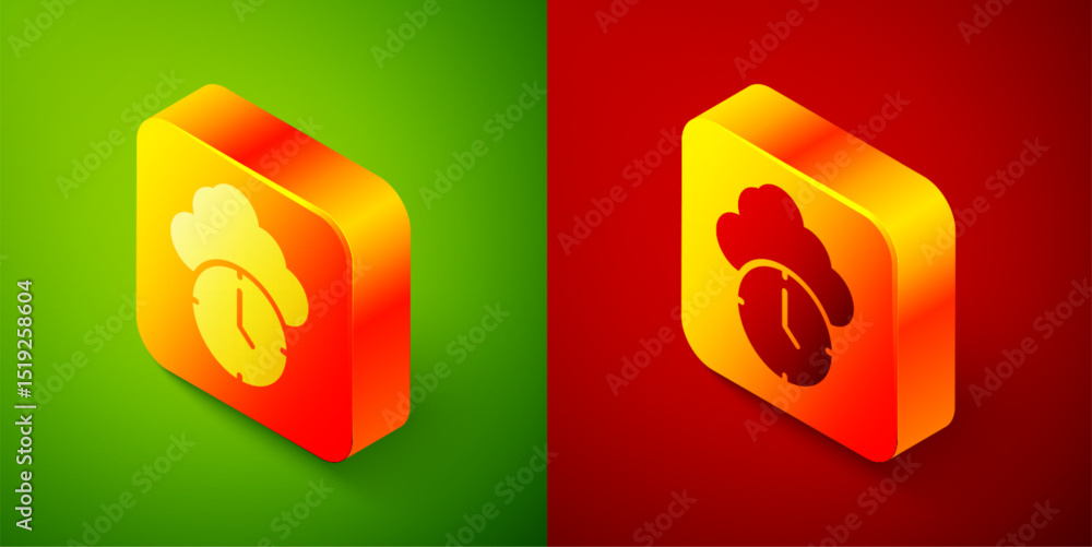 Poster isometric clock icon isolated on green and red background. time symbol. square button. vector