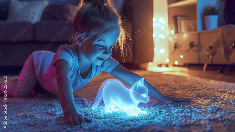 Poster This child is engaged with a floating, transparent hologram of a cat in a softly lit space.