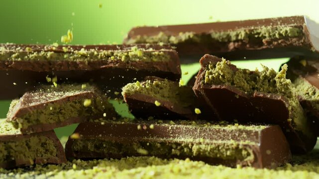 Super Slow Motion of Crushed Pistachios Falling on Dubai Chocolate Pieces at 1000fps.