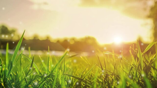 Serene close-up of a grassy field at sunset, where pollen gently drifts through the air. The warm, golden glow highlights the delicate particles floating
