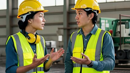 Collaborative discussion between engineers in industrial warehouse setting - Powered by Adobe