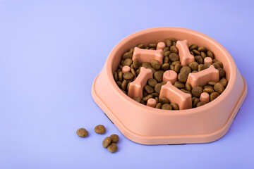 Cat and dog orange slow Feeding Bowl on purple background