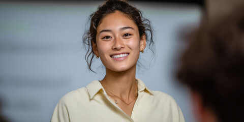 Young asian female smiling in classroom setting with casual outfit