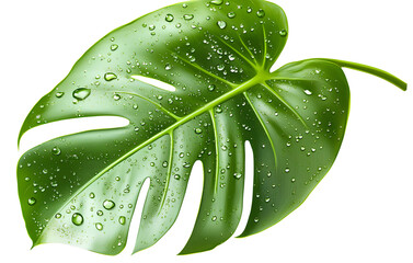 Monstera Leaf with Water Droplets, Side View, Transparent Background