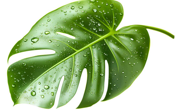 Monstera Leaf with Water Droplets, Side View, Transparent Background