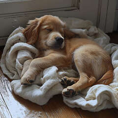 Obraz na płótnie Canvas Adorable golden retriever puppy sleeps soundly curled up on a cozy, offwhite blanket. Perfect for themes of pets, comfort, and tranquility. Ideal for websites, blogs, or petrelated products.