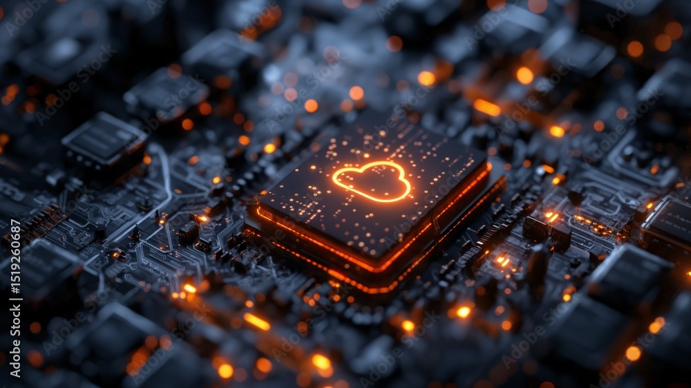Poster cloud storage processor with glowing elements integrates advanced ai technology for efficient data m