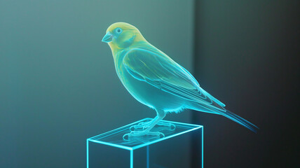 This glowing hologram of a bird is floating on a transparent display, showcasing vibrant colors.