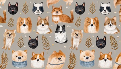 Whimsical Seamless Pattern featuring Playful Pets amidst a Cozy Scandinavian Setting, Radiating Joy and Warmth with Vibrant Hues and Soft Textures.